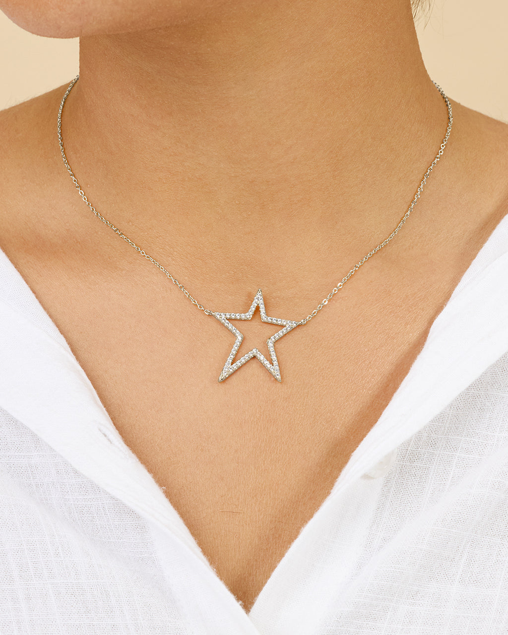 Stationed Cubic Zirconia Star Outline Pendant Necklace – Sterling
