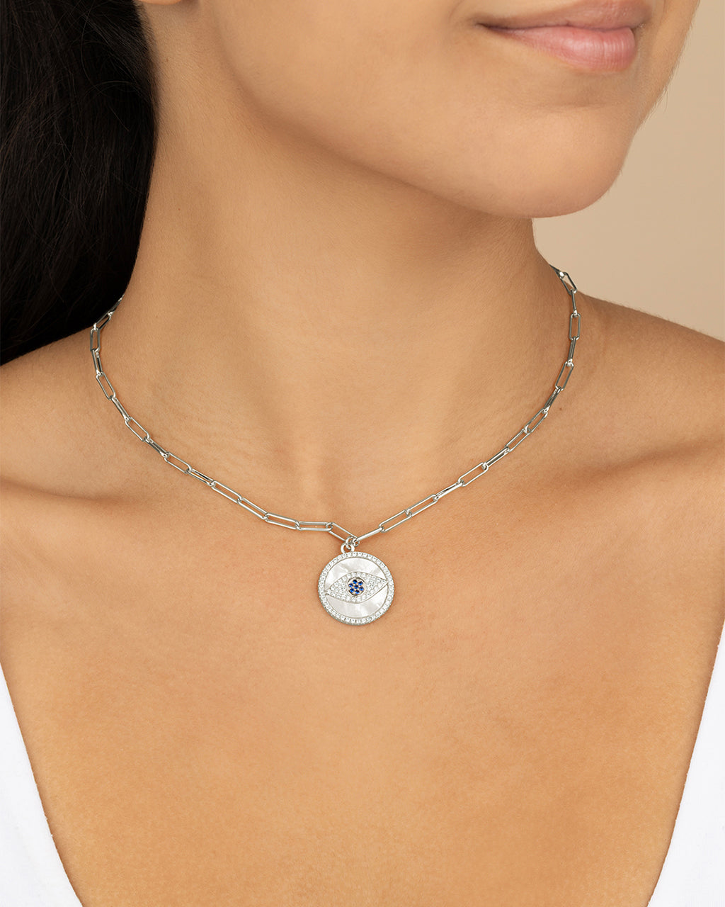 CZ & Mother of Pearl Evil Eye Pendant Necklace