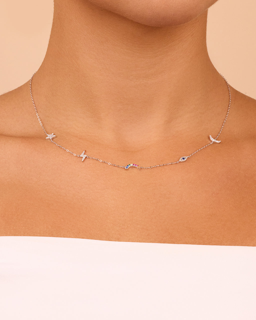 Sterling Silver CZ Lucky Charm Station Necklace