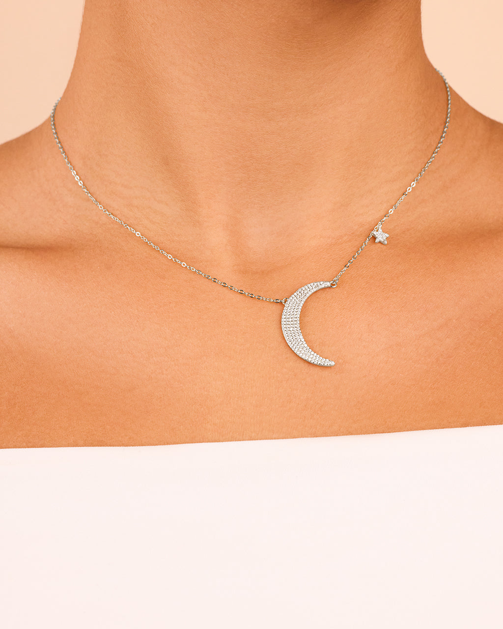 Sterling Silver CZ Crescent & Star Charm Necklace