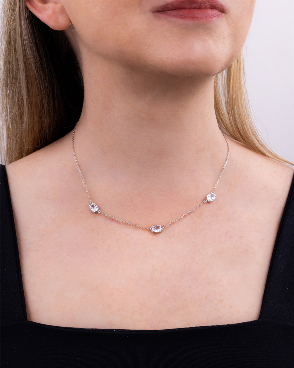Sterling Silver Elongated Cushion Stationed Chain Necklace