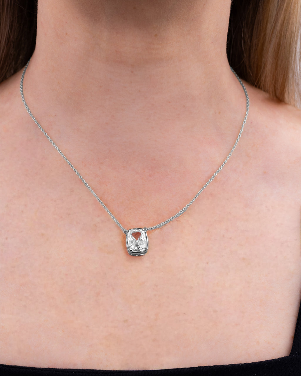 Sterling Silver Elongated Cushion Drop Necklace