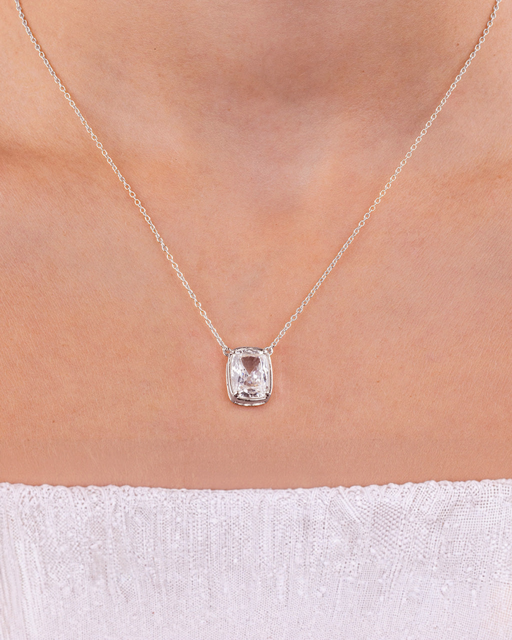 Sterling Silver Elongated Cushion Drop Necklace
