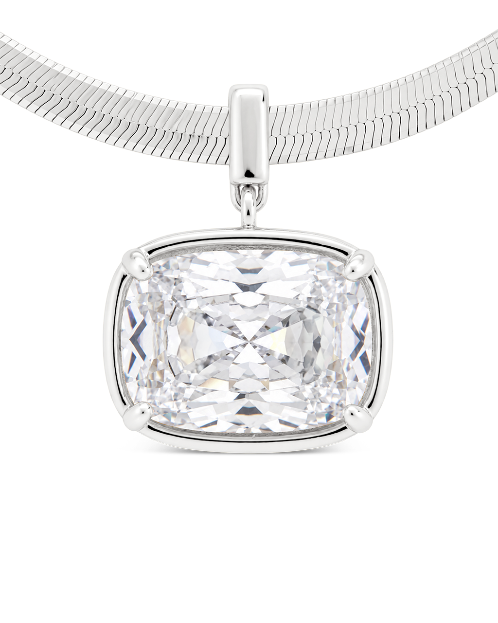 Sterling Silver Elongated Cushion Herringbone Chain Necklace