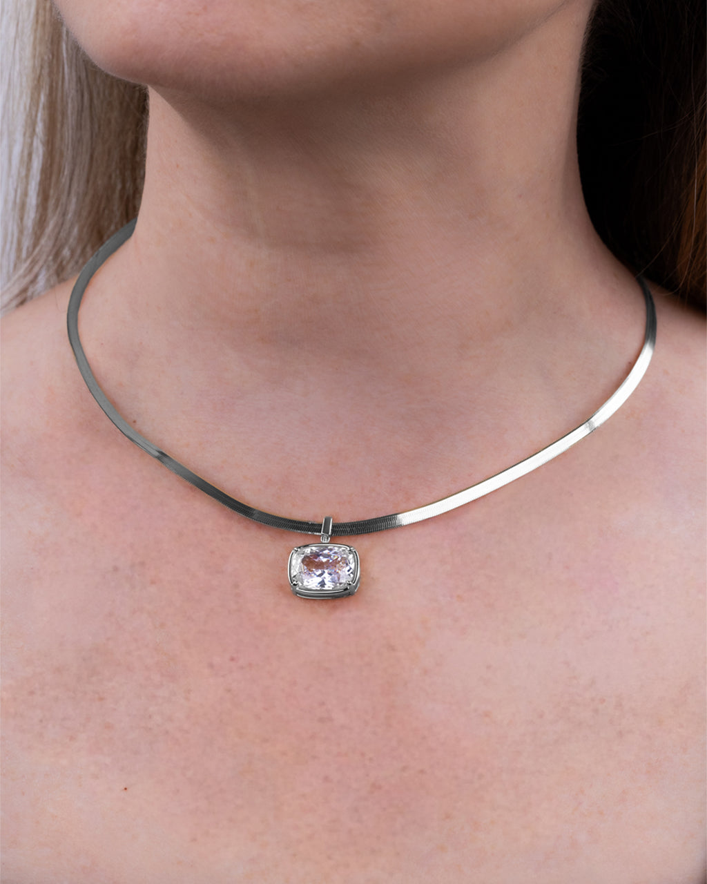 Sterling Silver Elongated Cushion Herringbone Chain Necklace