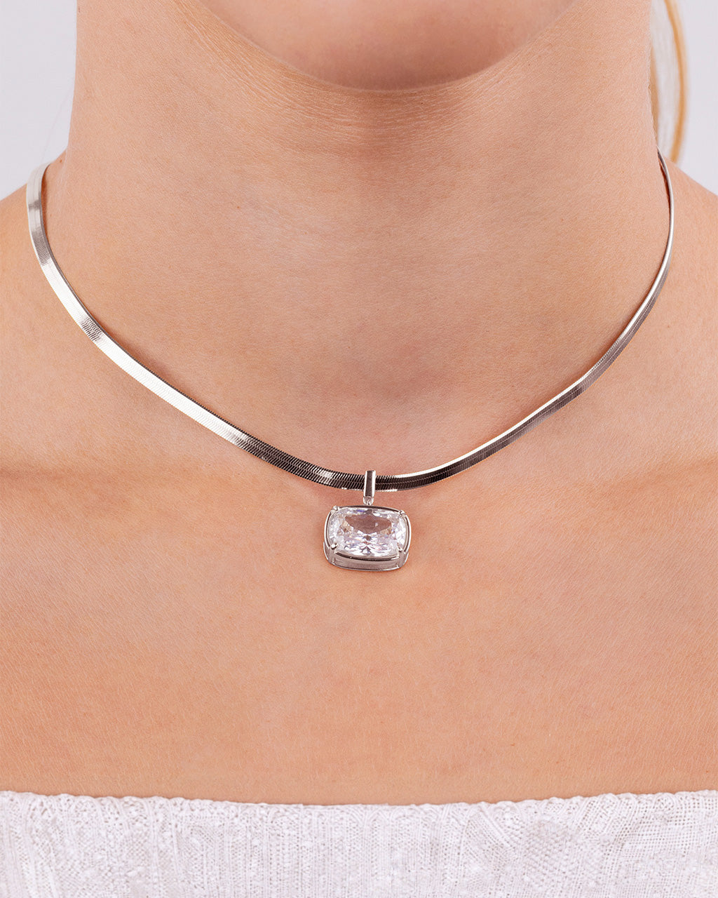 Sterling Silver Elongated Cushion Herringbone Chain Necklace