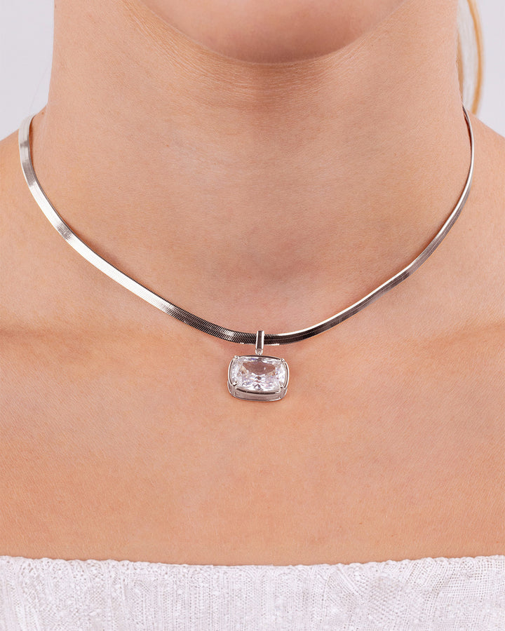 Sterling Silver Elongated Cushion Herringbone Chain Necklace