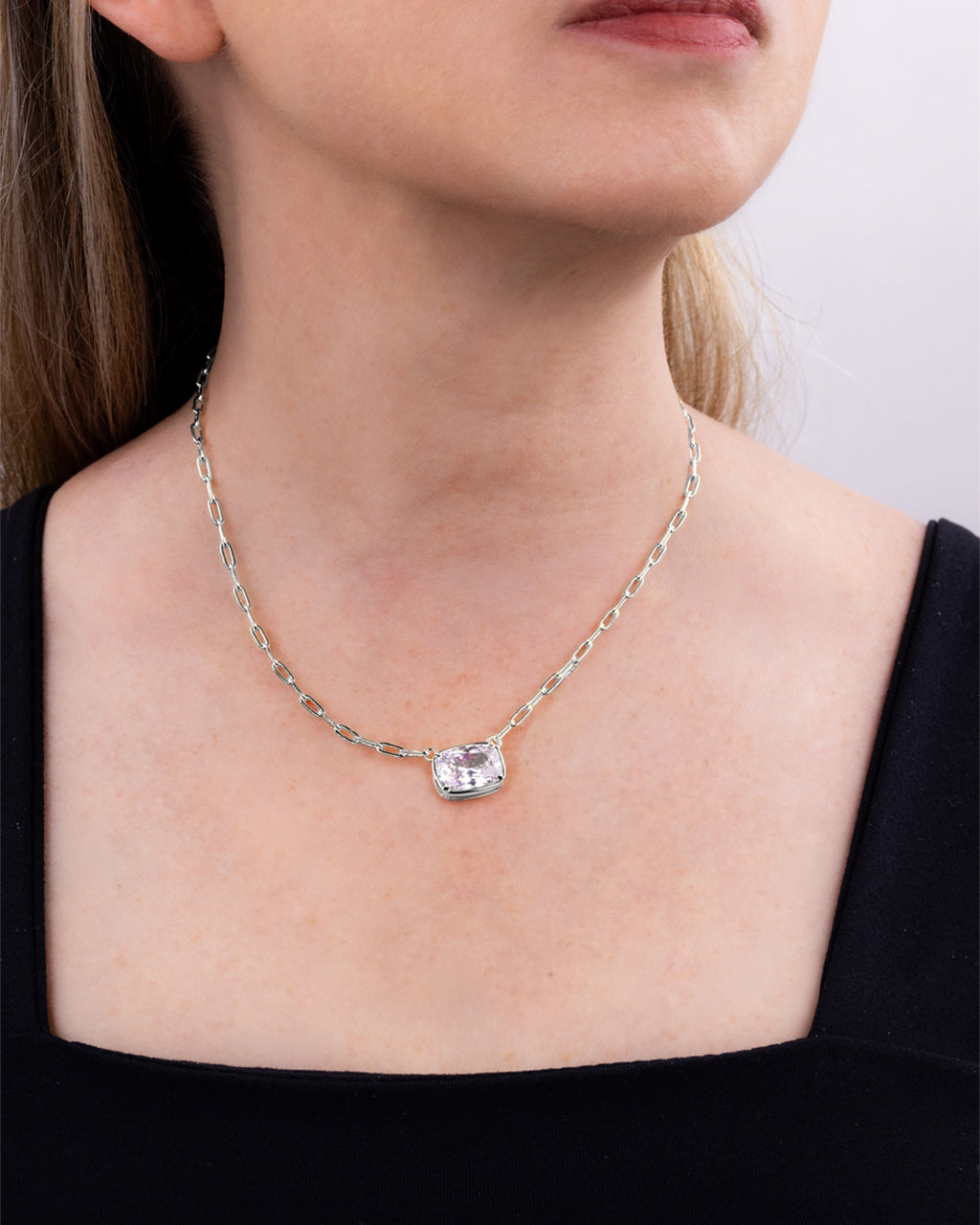Sterling Silver Elongated Cushion Paperclip Chain Necklace
