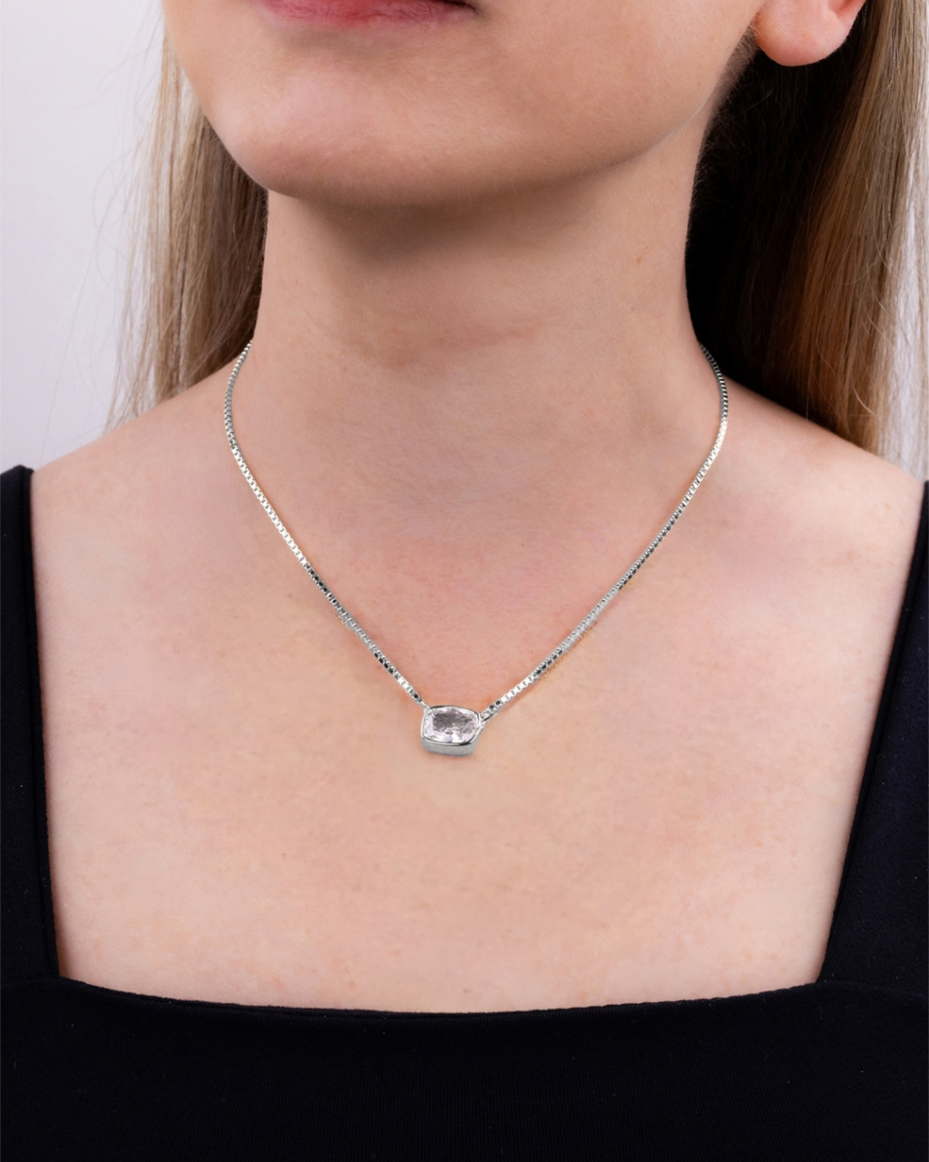 Sterling Silver Elongated Cushion Box Chain Necklace