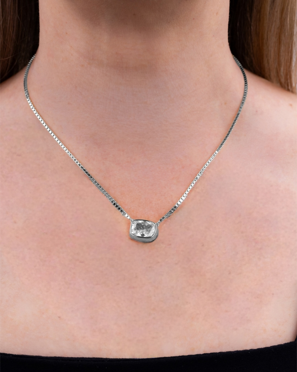 Sterling Silver Elongated Cushion Box Chain Necklace
