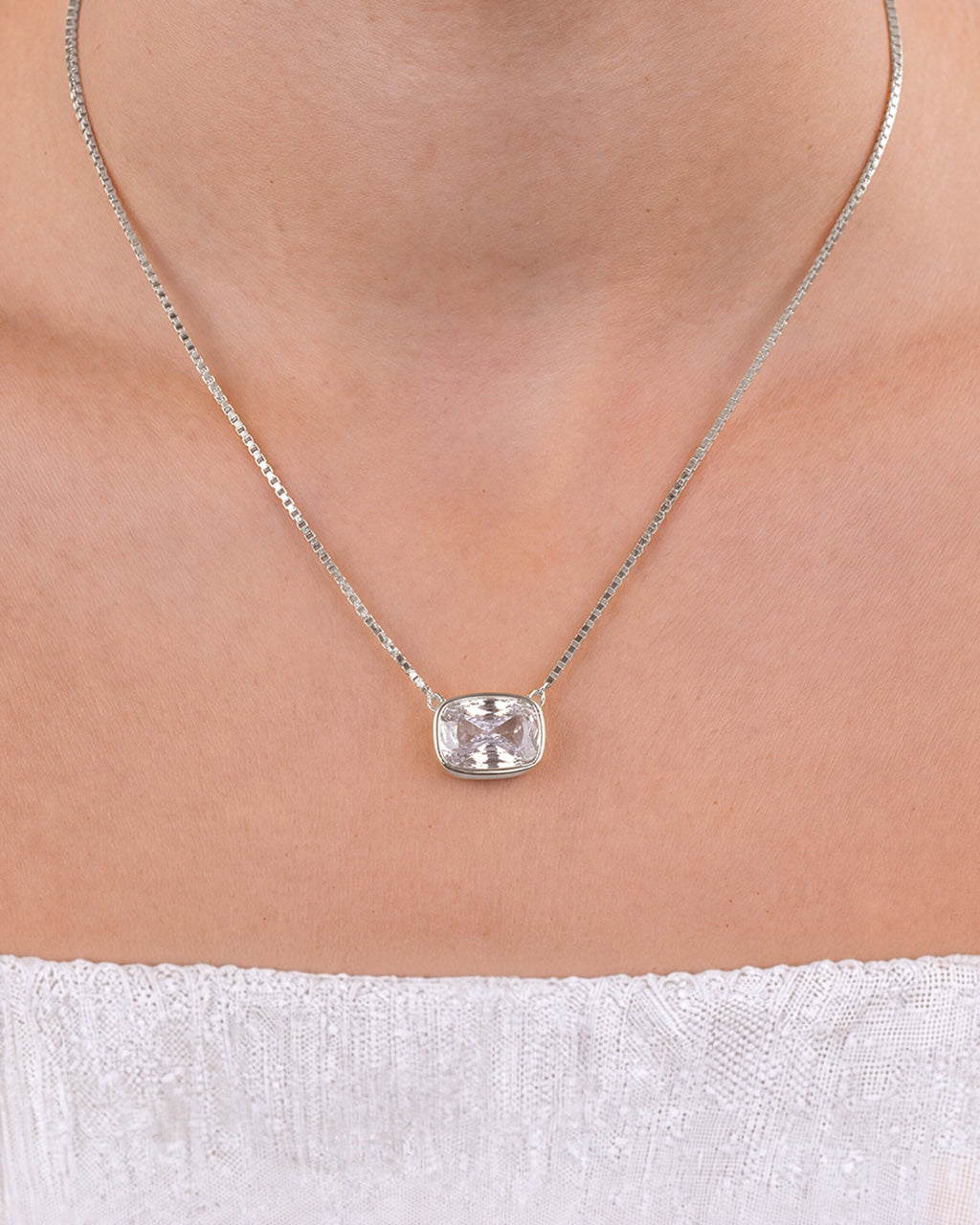 Sterling Silver Elongated Cushion Box Chain Necklace
