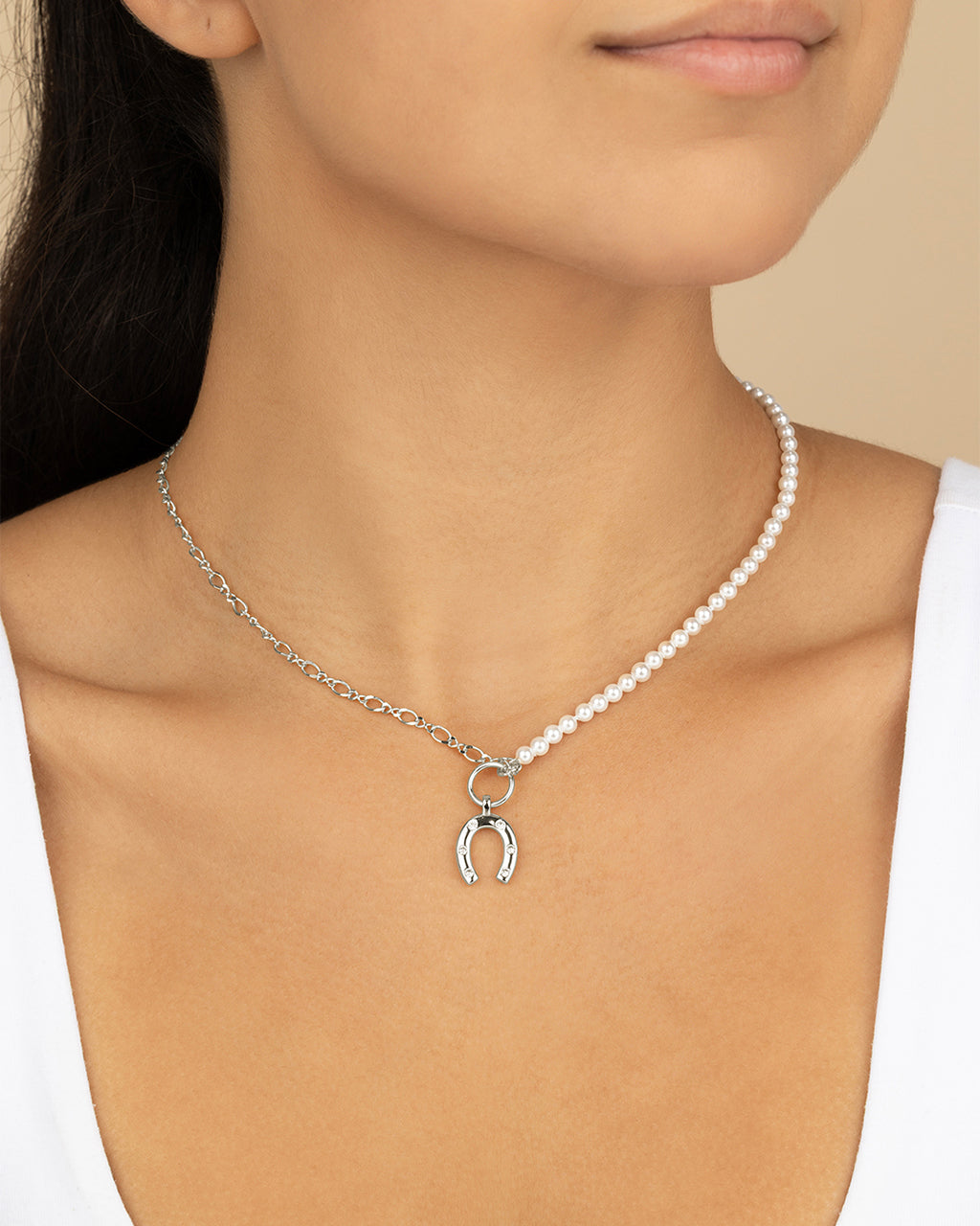 Elva Pearl CZ Horseshoe Necklace