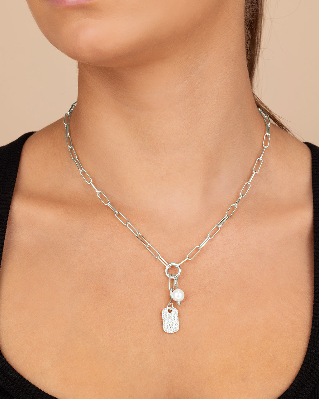 Cleo Pearl & CZ Tag Charm Necklace
