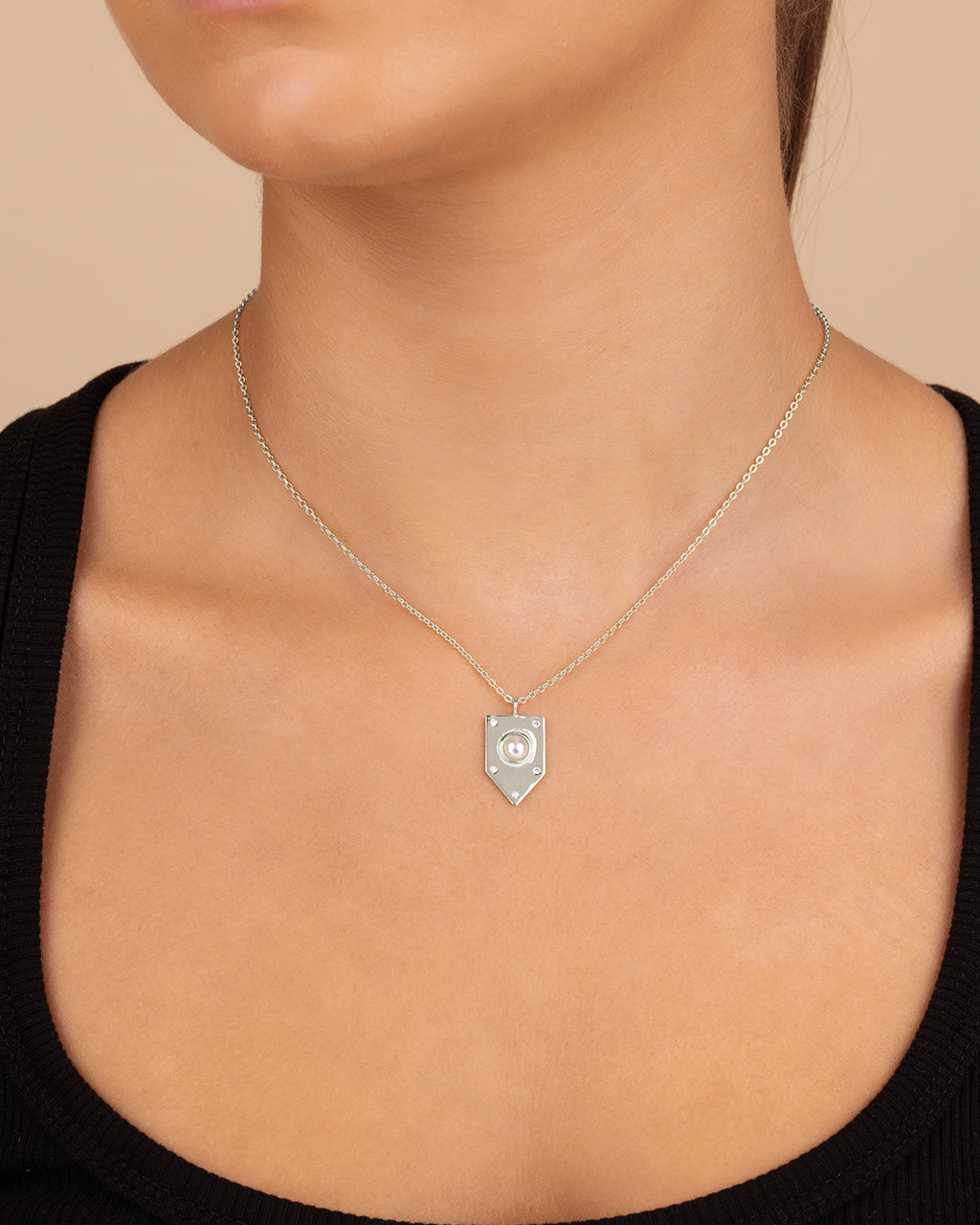 Sterling Silver Marcella CZ & Pearl Shield Pendant Necklace