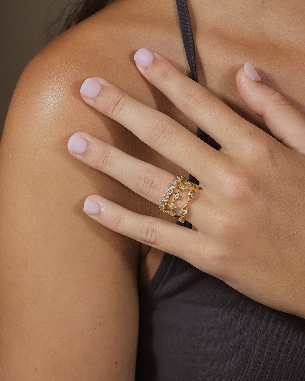 Woman Wearing Roxie CZ Stacking Ring Set of 3