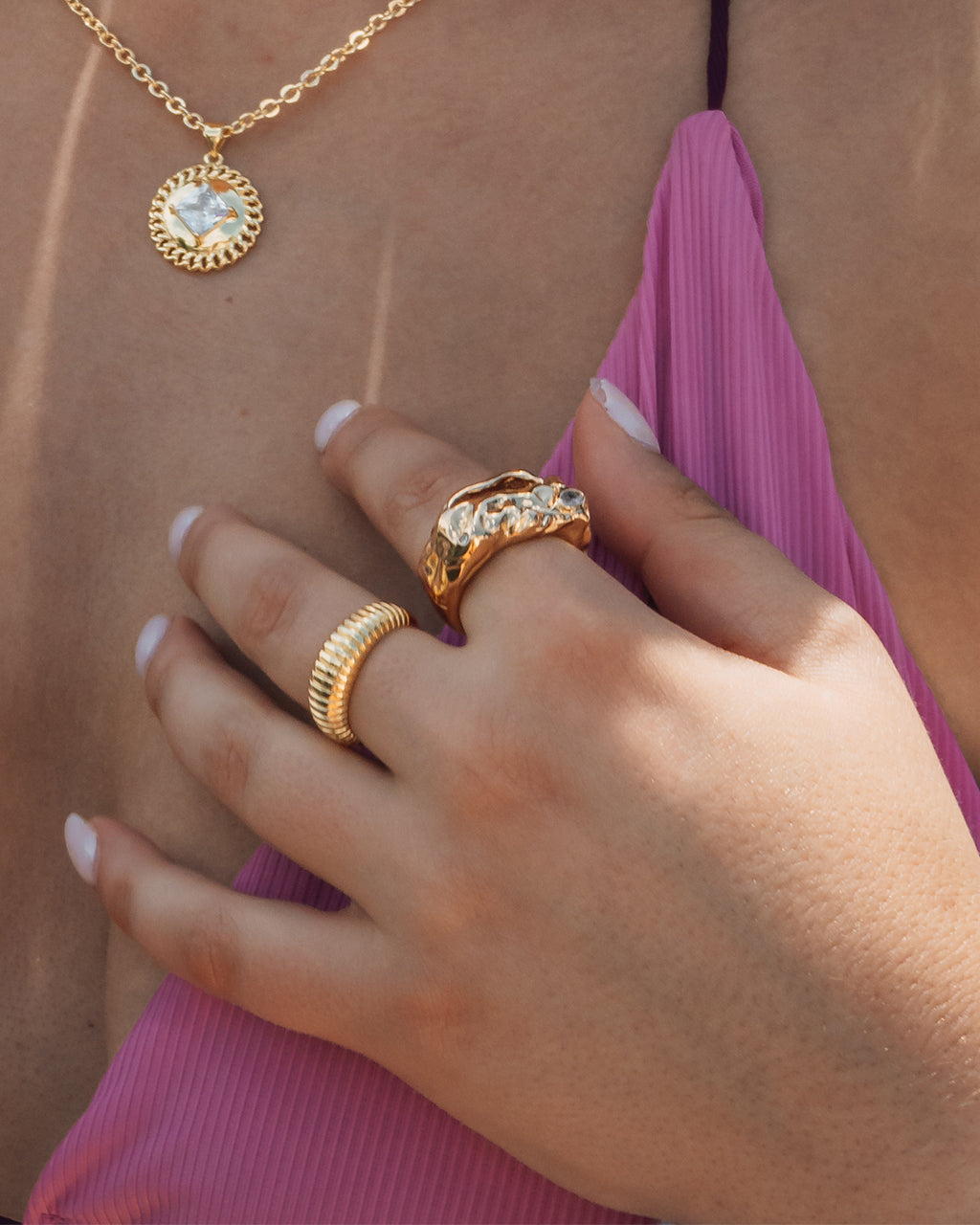 Woman Wearing Sasha Molten Metal Band Ring