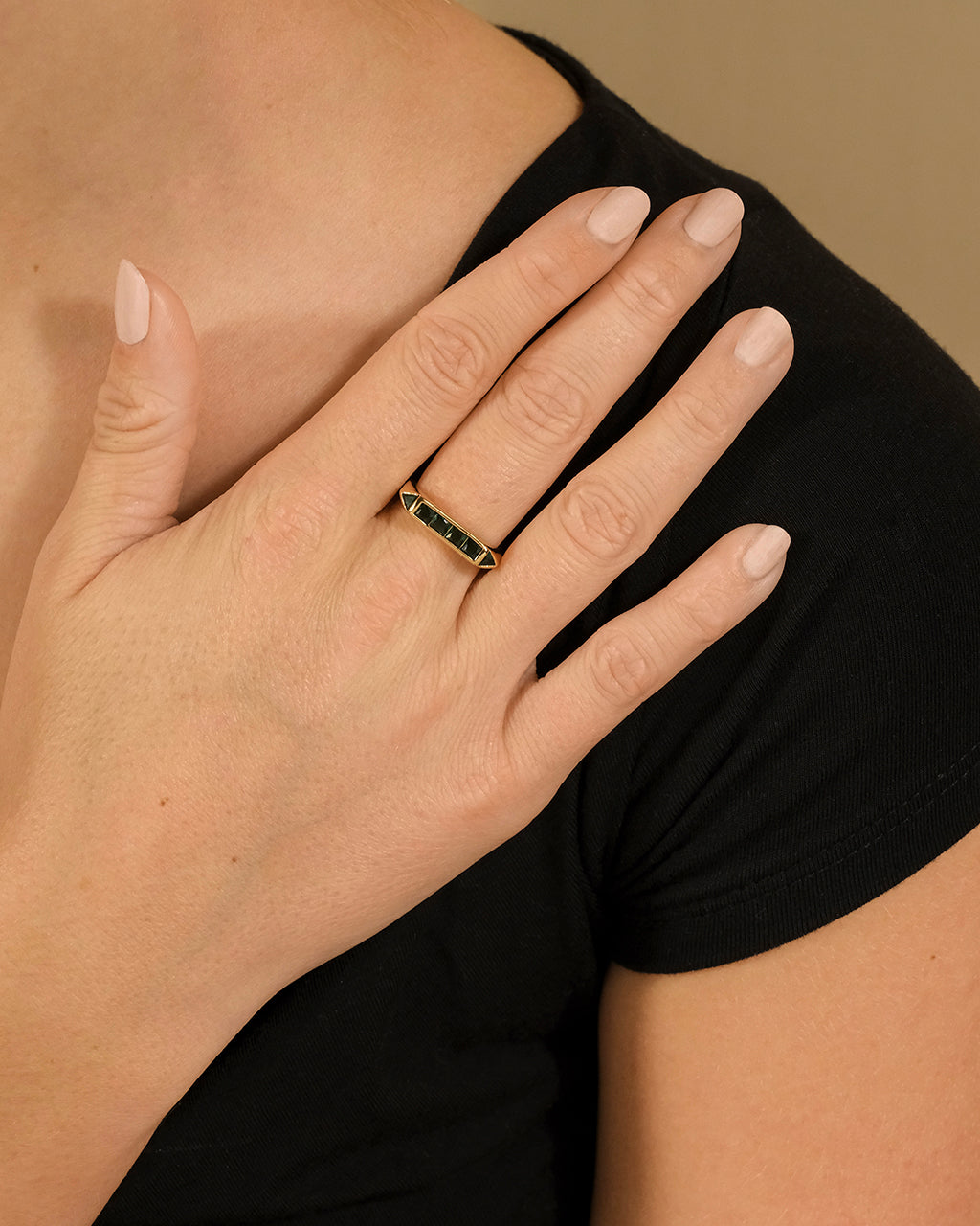 Woman Wearing Rayna Emerald Flat CZ Ring