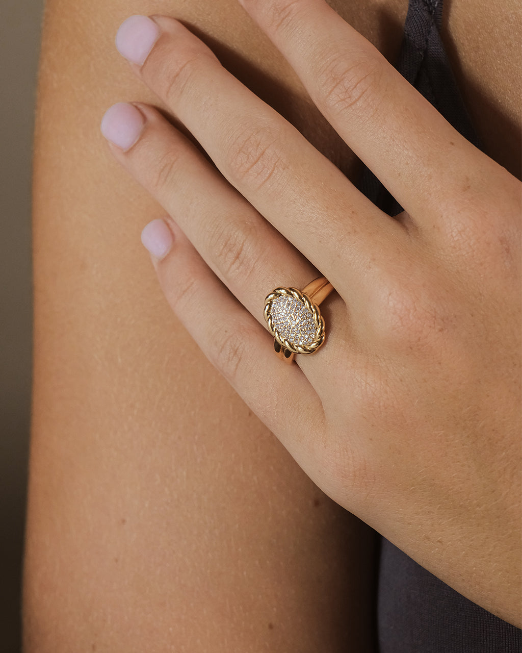 Woman Wearing Galette CZ Signet Ring