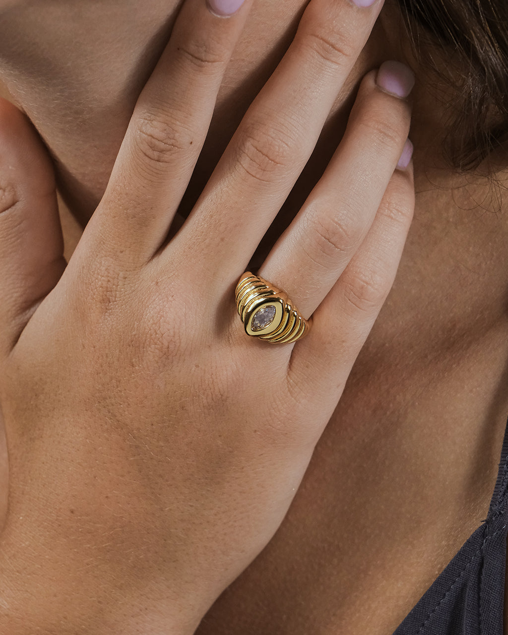 Woman Wearing Studded Croissant Ring