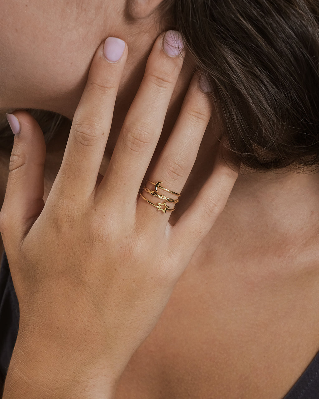 Woman Wearing Celestial Stacking Ring Set of 3