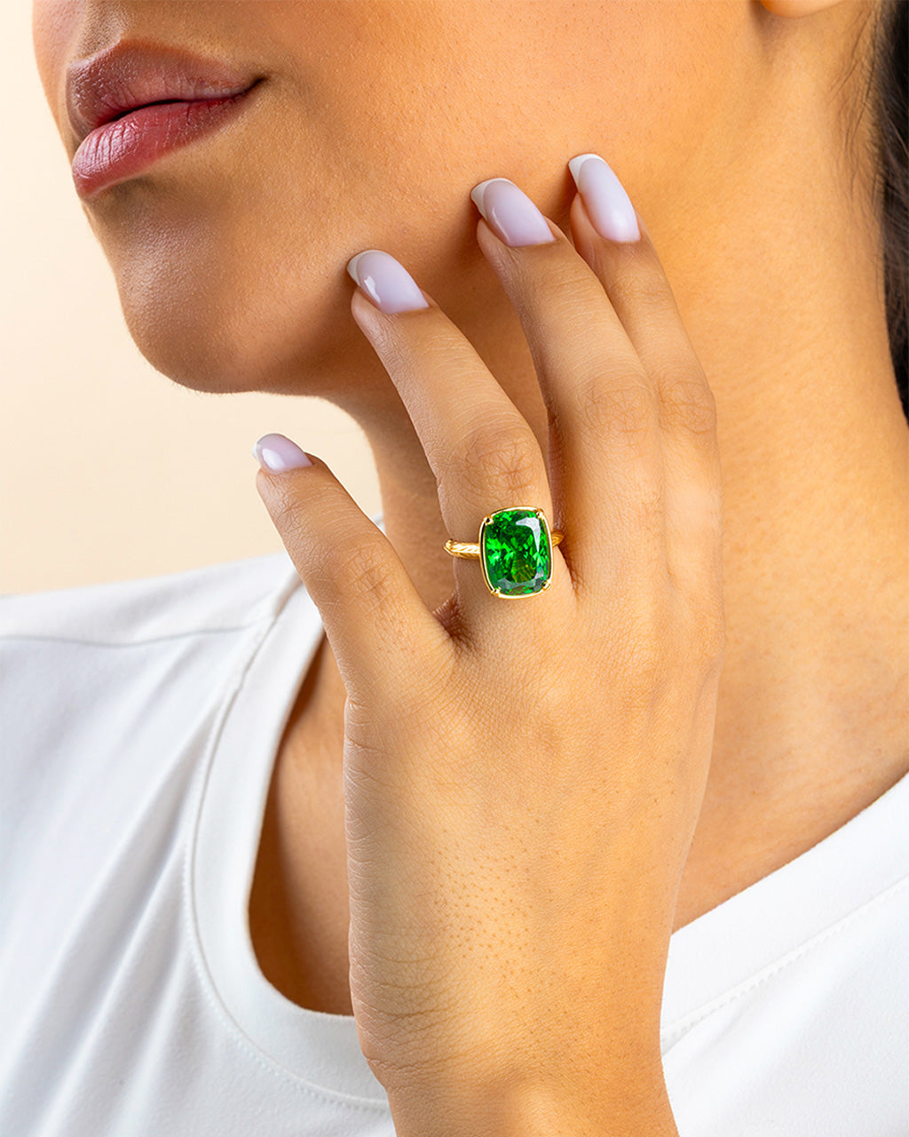 Sterling Silver Elongated Cushion Emerald CZ Cocktail Ring