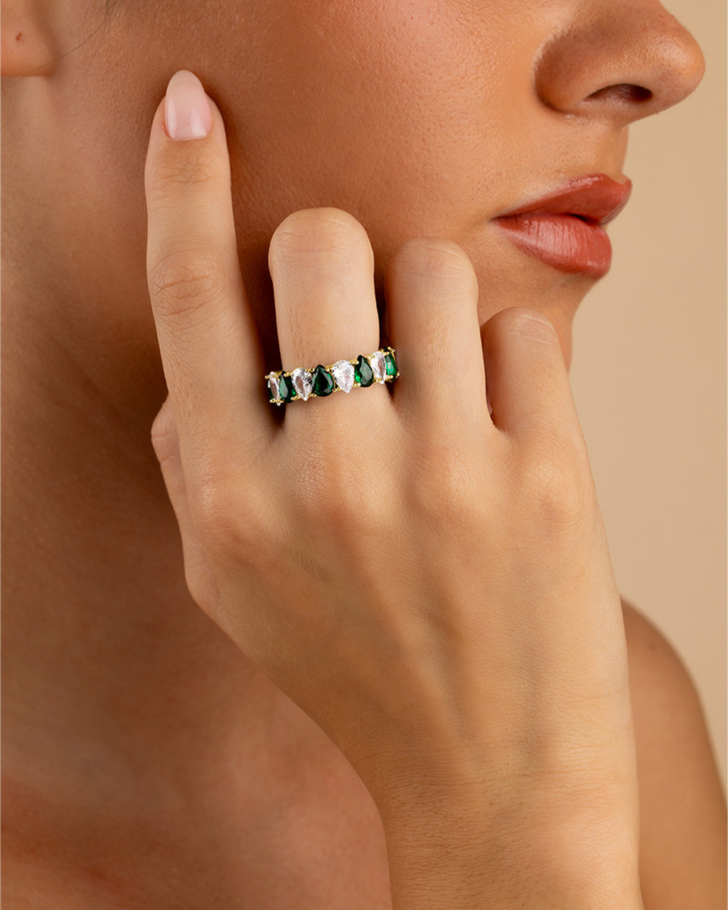 Sterling Silver Pear Cut Emerald CZ Celebration Band Ring