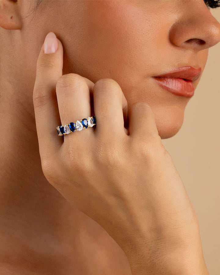 Sterling Silver Pear Cut Sapphire CZ Celebration Band Ring