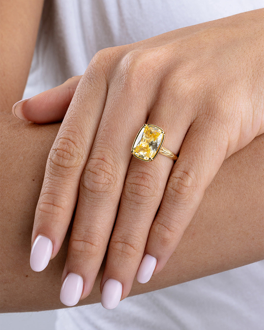 Light Yellow CZ Elongated Sterling Silver Cushion Cocktail Ring