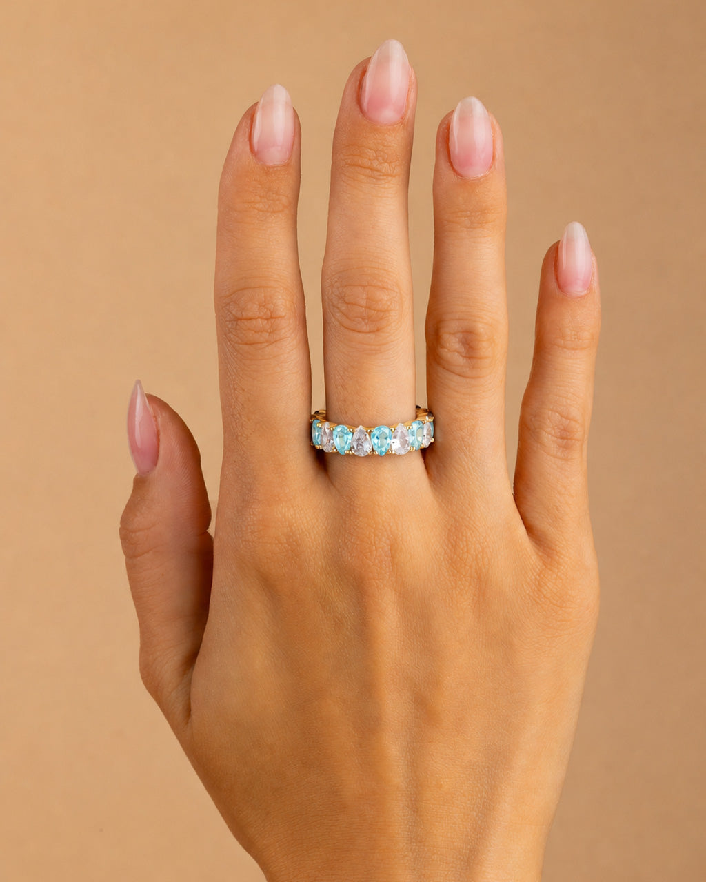 Sterling Silver Pear Cut Aquamarine CZ Celebration Band Ring