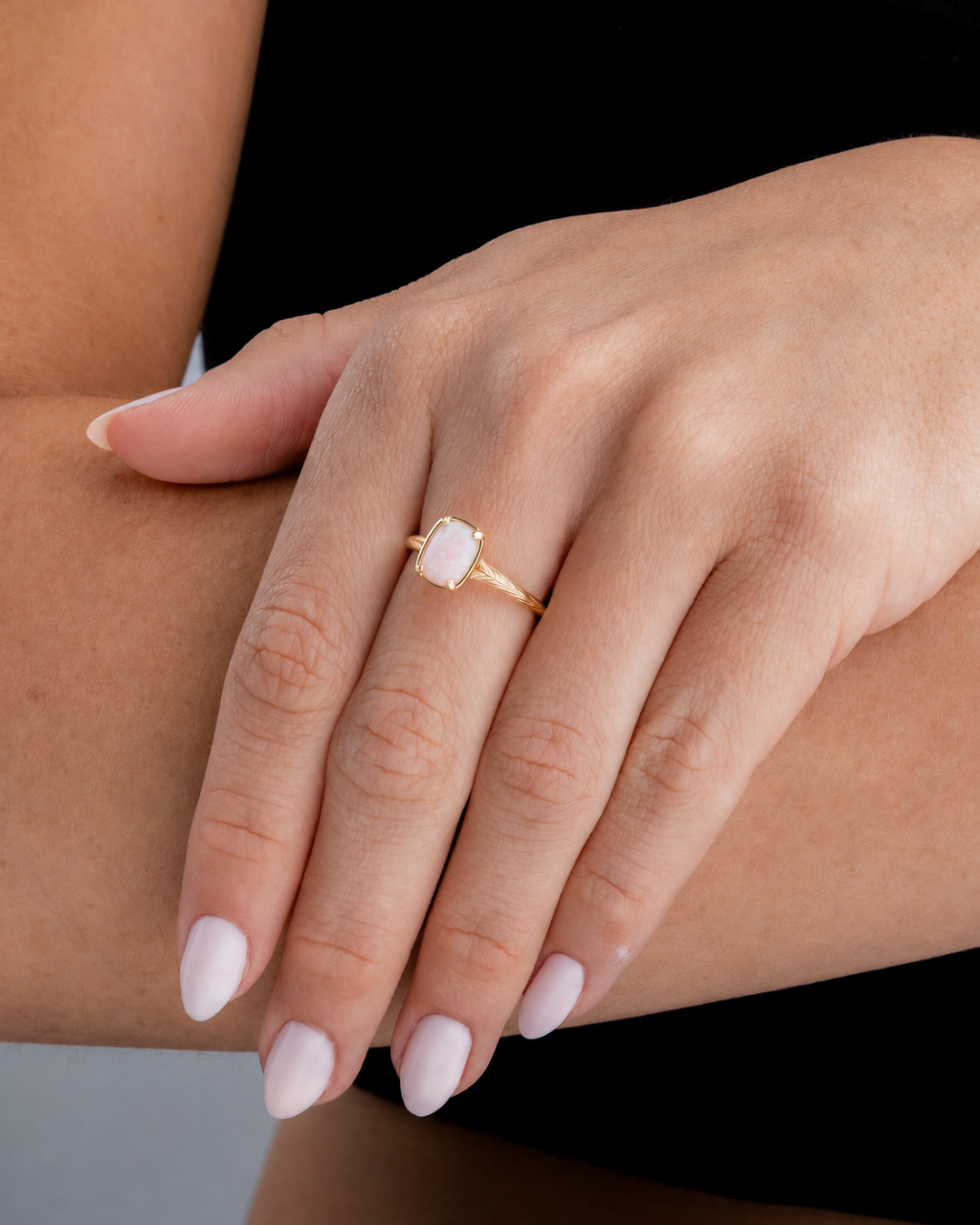 Sterling Silver Mini Milky Light Violet Opal Elongated Cushion Ring