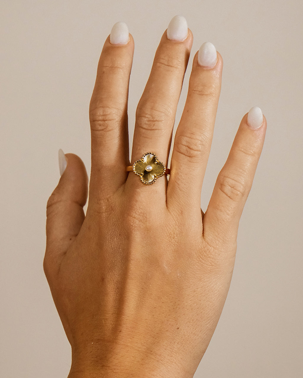 Woman Wearing Tilda Pearl & Clover Statement Ring