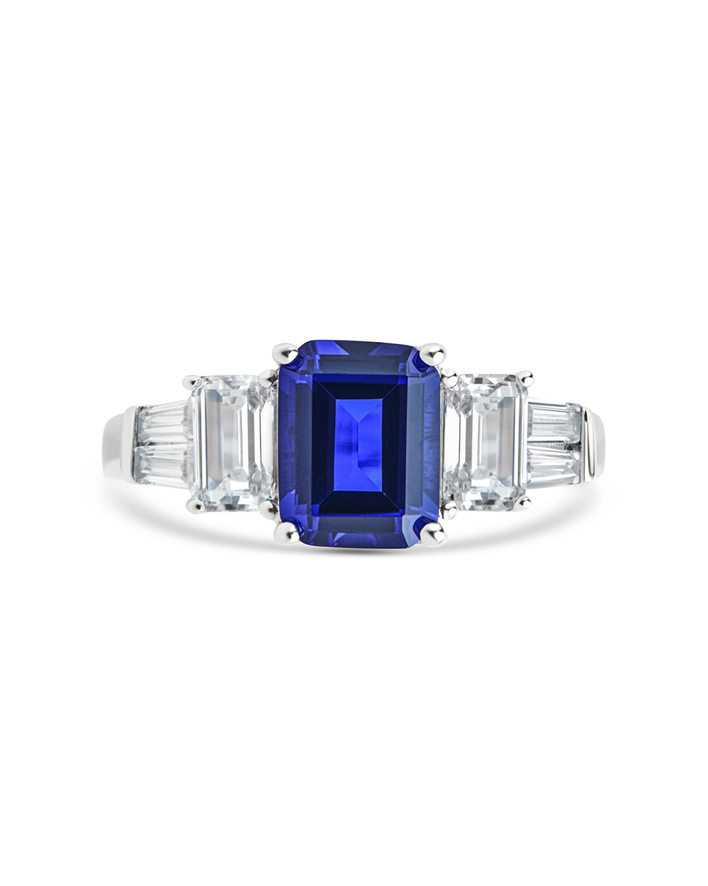 Sterling Silver Emerald Cut Blue Sapphire CZ 3-Stone Ring