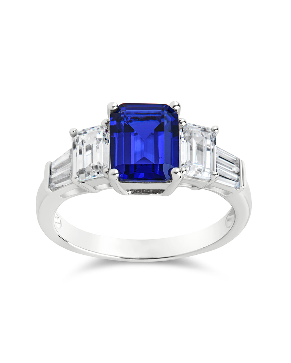 Sterling Silver Emerald Cut Blue Sapphire CZ 3-Stone Ring