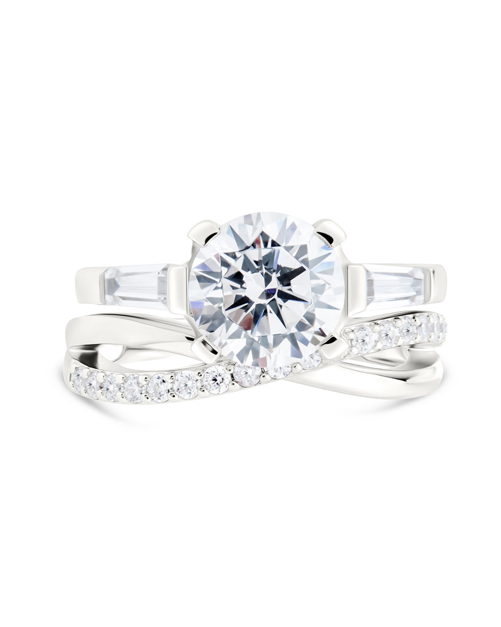 Sterling Silver Round CZ Crisscross Solitaire Ring Set