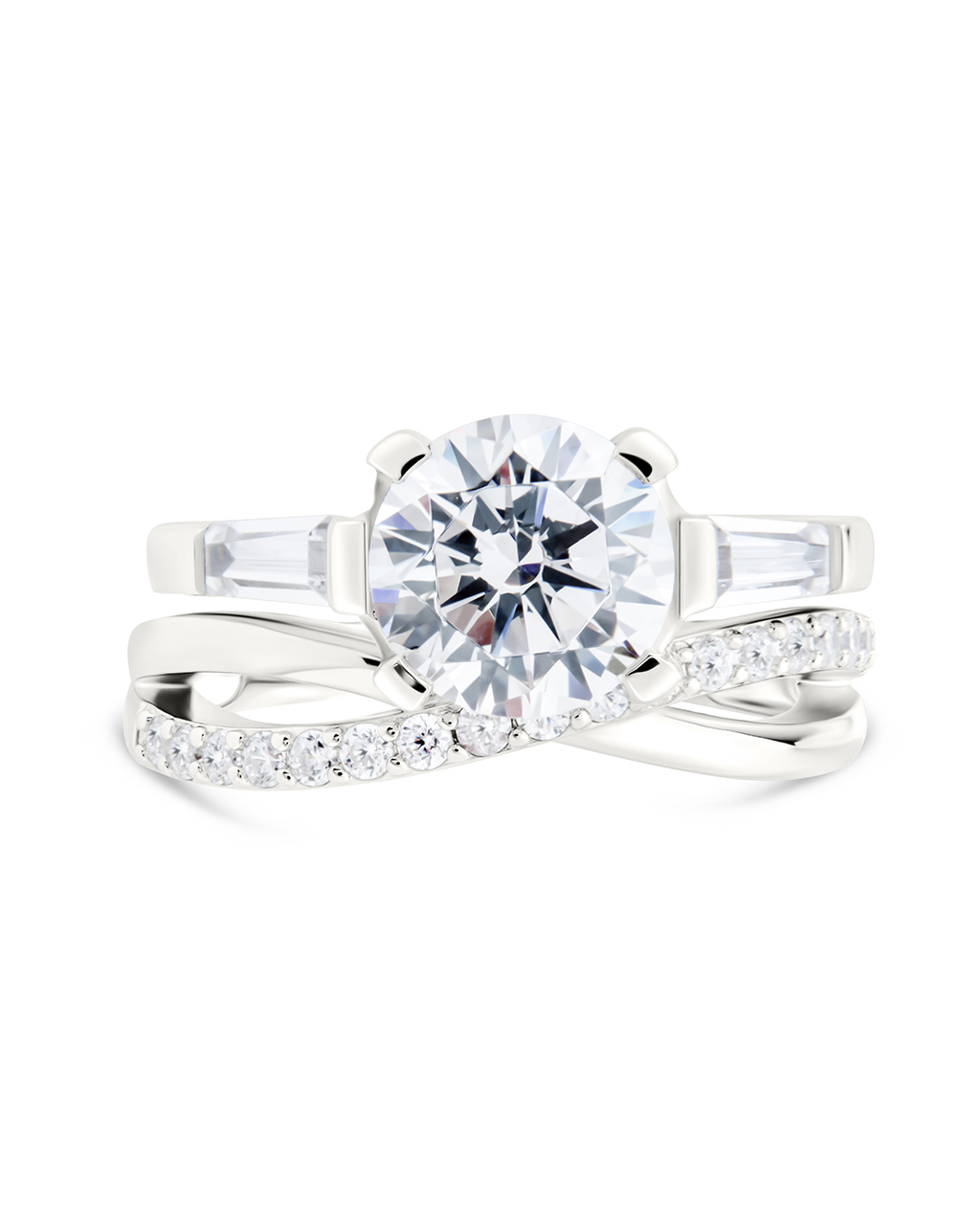 Sterling Silver Round CZ Crisscross Solitaire Ring Set