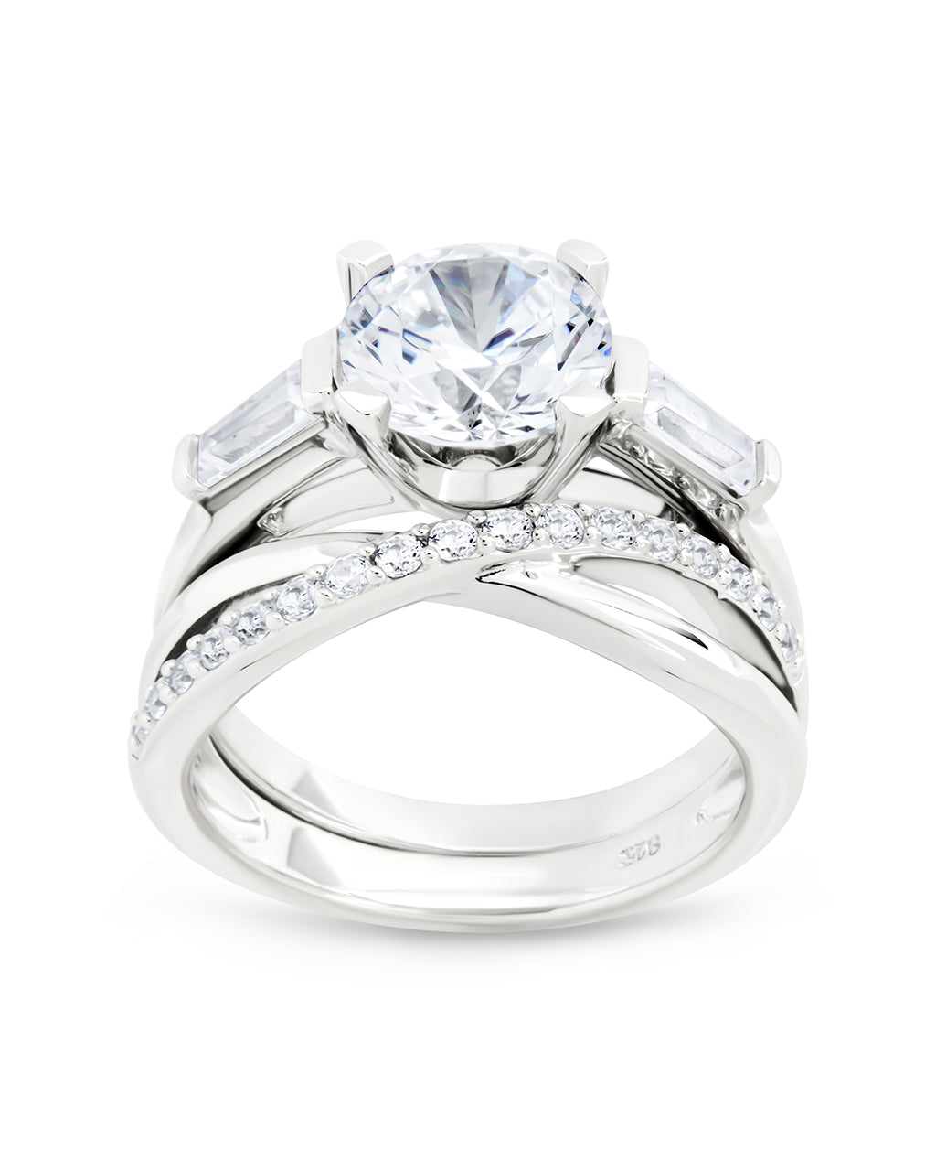 Sterling Silver Round CZ Crisscross Solitaire Ring Set