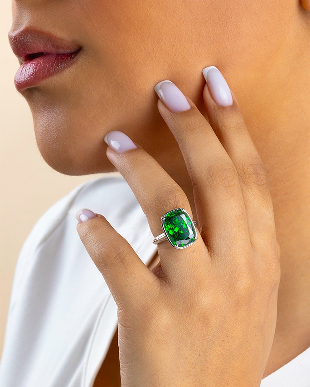 Sterling Silver Elongated Cushion Emerald CZ Cocktail Ring