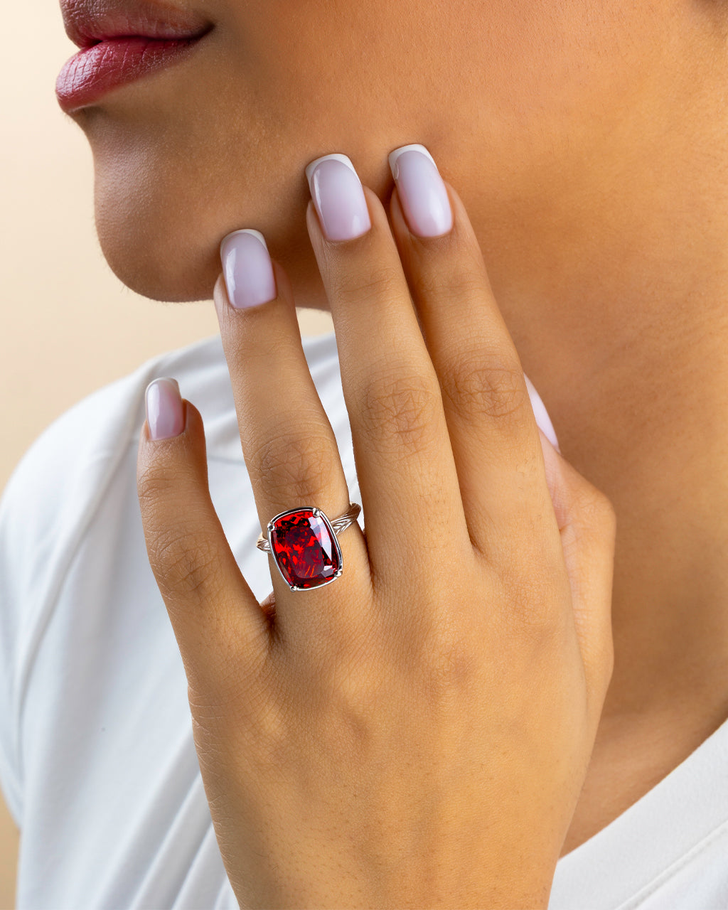 Sterling Silver Elongated Cushion Garnet CZ Cocktail Ring