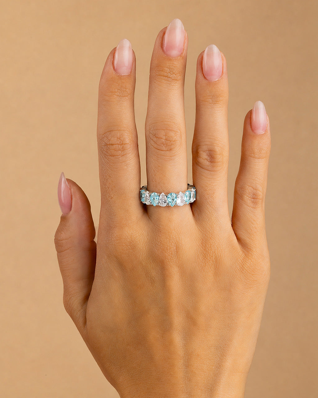 Sterling Silver Pear Cut Aquamarine CZ Celebration Band Ring
