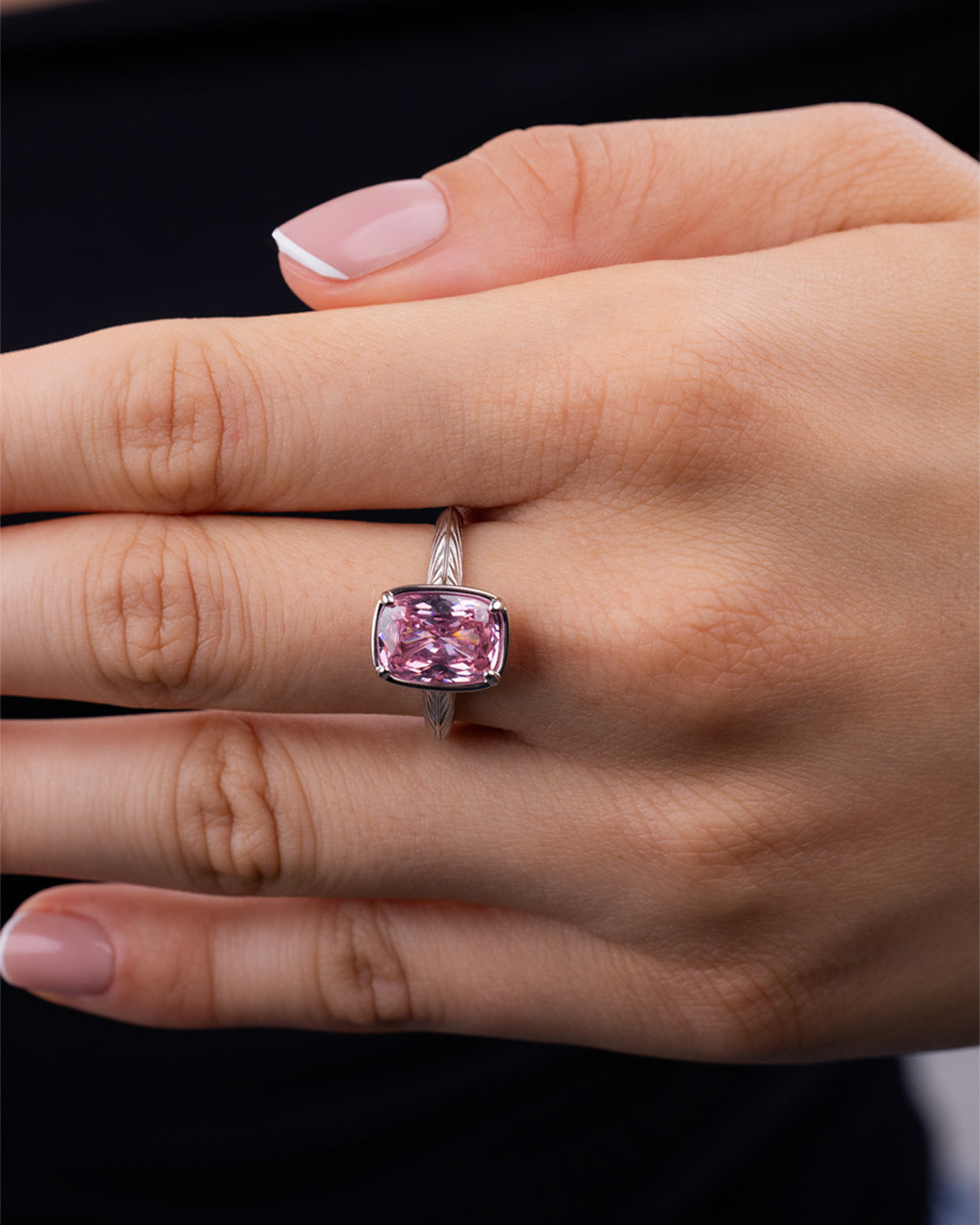 Sterling Silver Midi Elongated Cushion Pink Sapphire CZ Ring