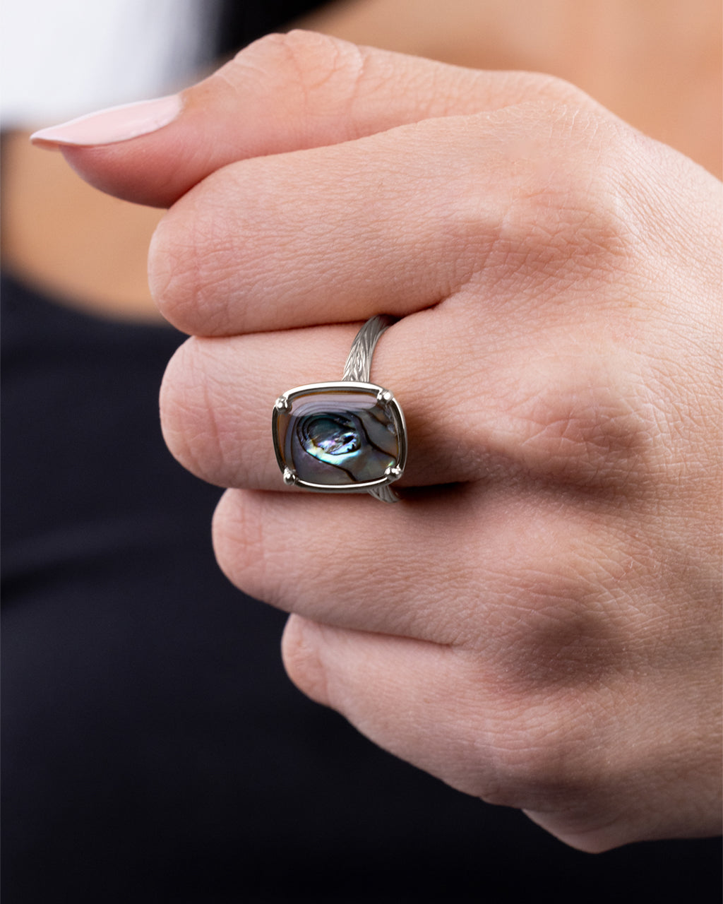 Sterling Silver Elongated Cushion Abalone Shell Cocktail Ring