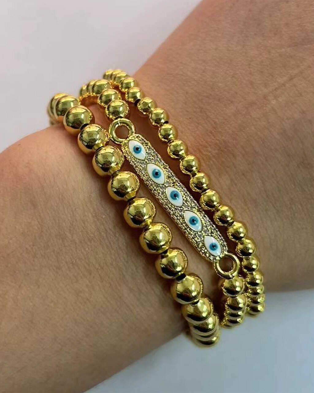 CZ & Enamel Evil Eye Beaded Bracelet Set of 3 Bracelet Sterling Forever Gold 