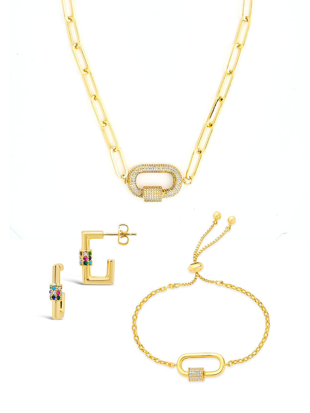 Pave CZ Carabiner Linked Lock Necklace Bundle