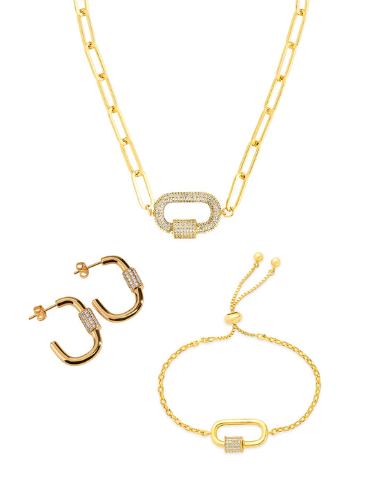 Pave CZ Carabiner Linked Lock Necklace Bundle