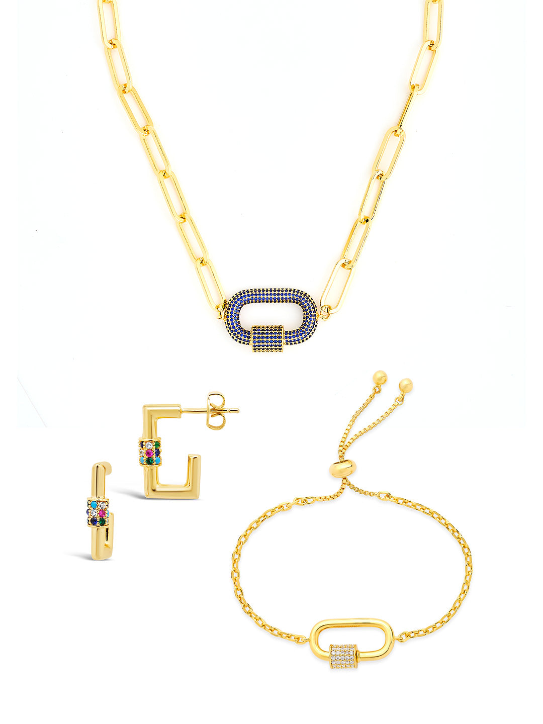 Pave CZ Carabiner Linked Lock Necklace Bundle