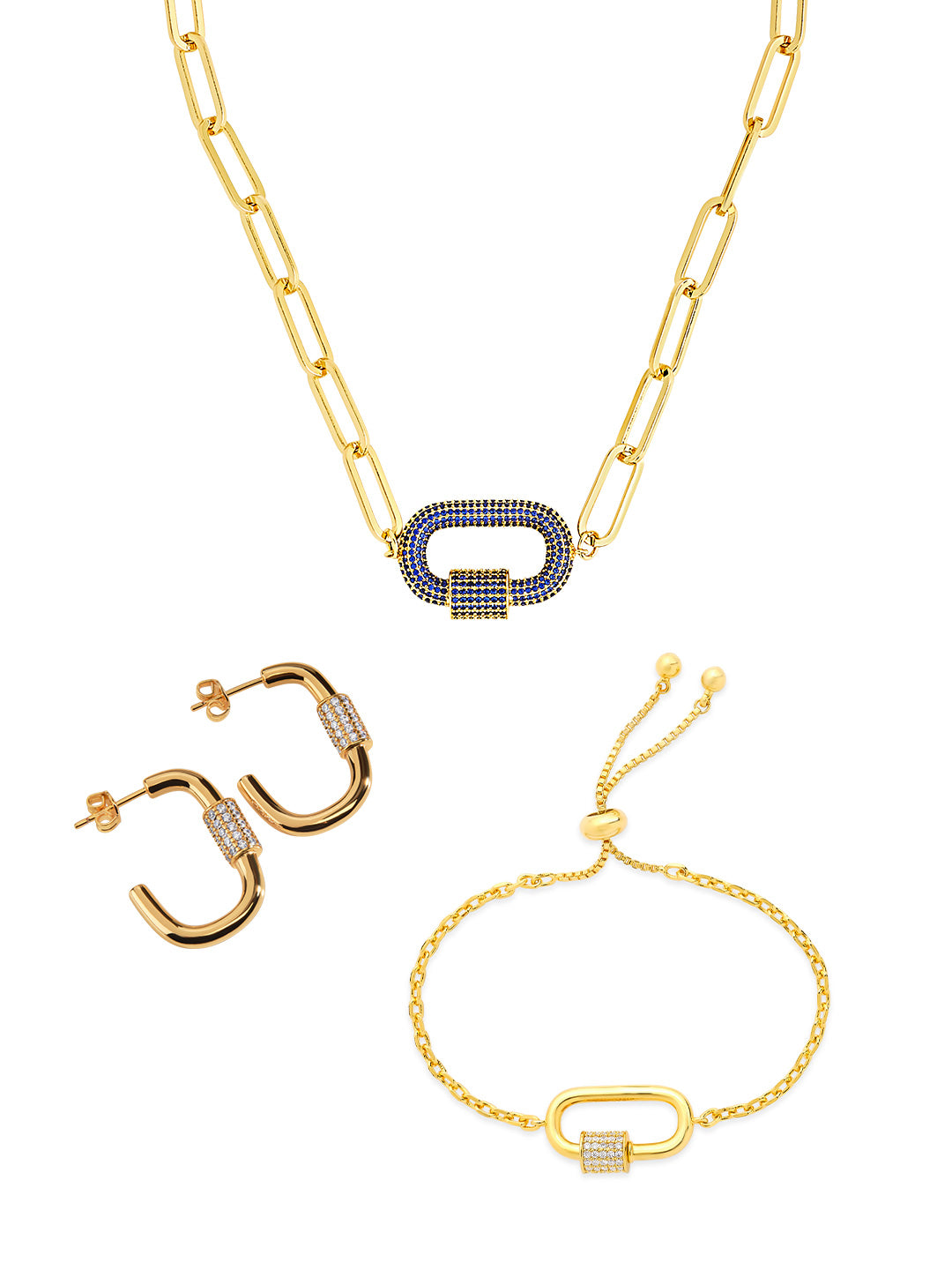Pave CZ Carabiner Linked Lock Necklace Bundle