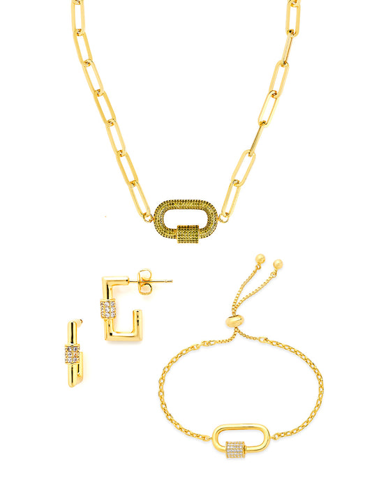 Pave CZ Carabiner Linked Lock Necklace Bundle