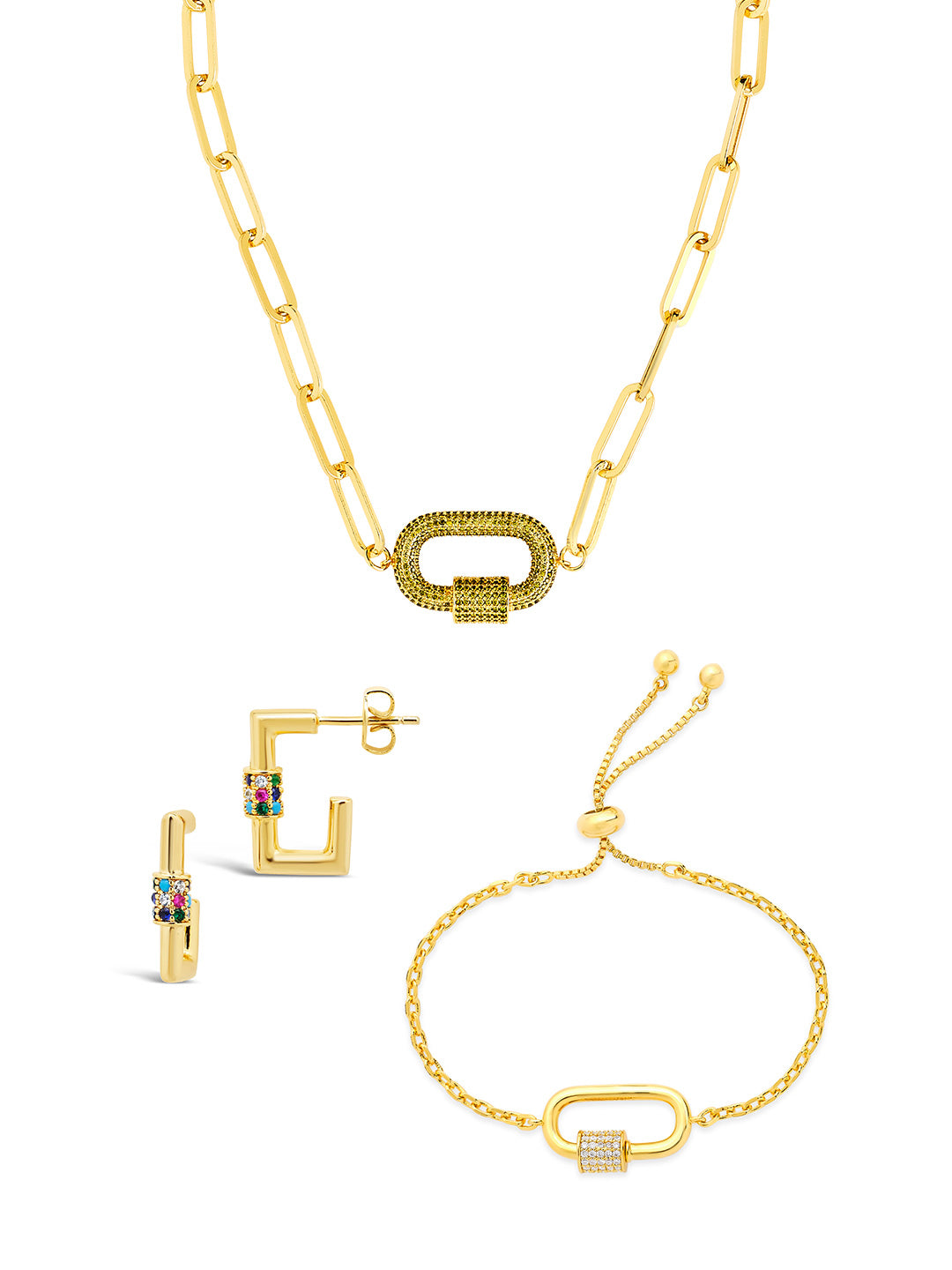 Pave CZ Carabiner Linked Lock Necklace Bundle