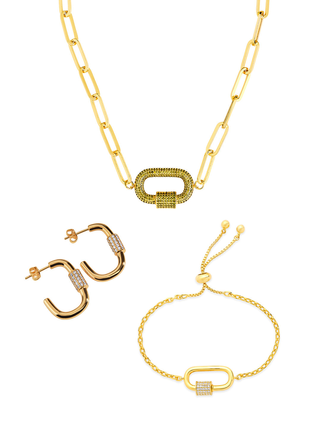 Pave CZ Carabiner Linked Lock Necklace Bundle