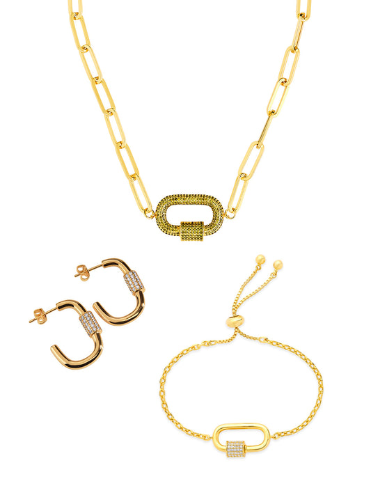 Pave CZ Carabiner Linked Lock Necklace Bundle